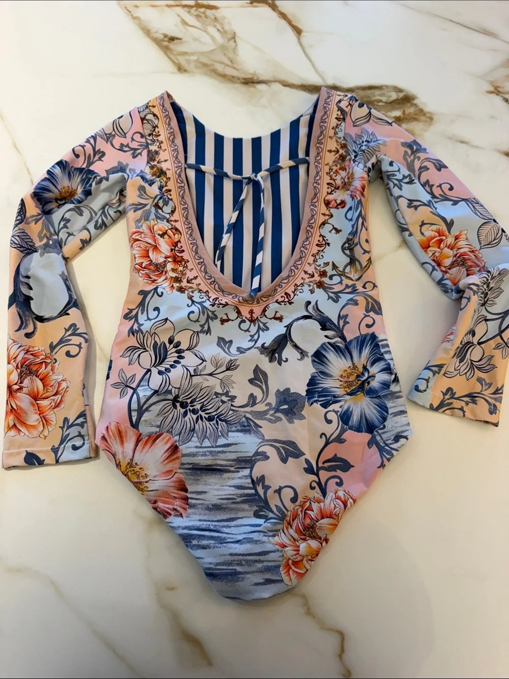Agua Bendita Pink and Blue Floral Long Sleeve One-Piece Swimsuit-12